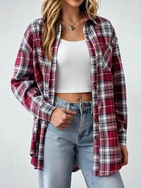Fantaslook Red Plaid Flannel Shirt XL Button Down Shacket NWT